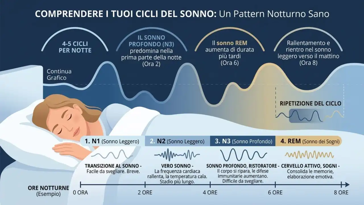 Infografica dettagliata in italiano che illustra un pattern notturno sano dei cicli del sonno, con la distinzione tra fase N1, N2, N3 (sonno profondo) e fase REM.