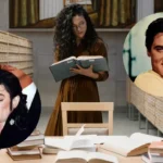 Una ricercatrice in un archivio storico consulta volumi circondata da schedari e dai ritratti di icone della musica.