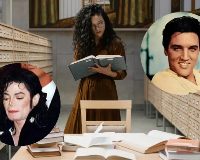 Una ricercatrice in un archivio storico consulta volumi circondata da schedari e dai ritratti di icone della musica.