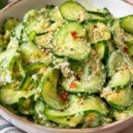 Insalata di cetrioli condita con salsa cremosa, semi di sesamo e fiocchi di peperoncino servita in una ciotola di ceramica chiara.