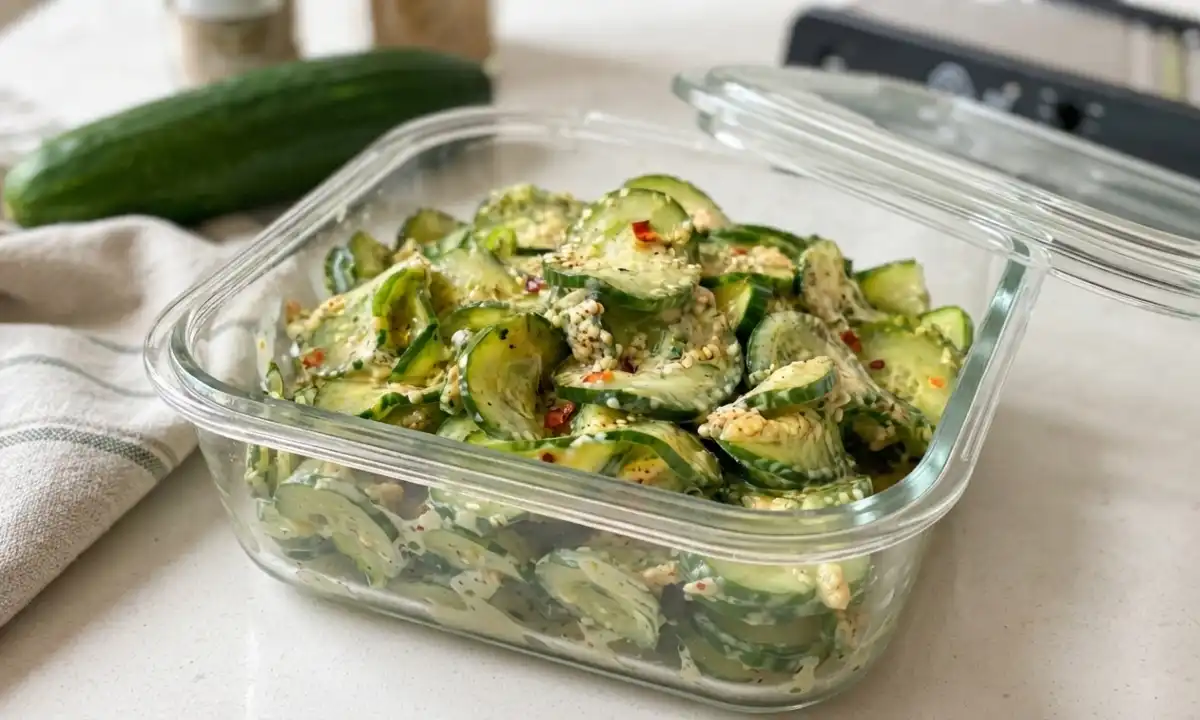 ucumber salad pronta all'interno di un contenitore di vetro trasparente ermetico con cetriolo intero e mandolina sfocati sullo sfondo.